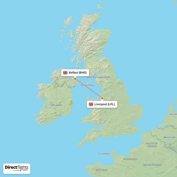 Belfast - Liverpool direct flight map