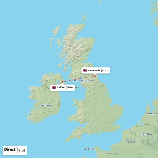 Belfast - Newcastle direct flight map