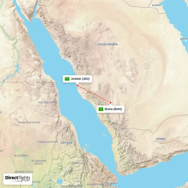 Bisha - Jeddah direct flight map
