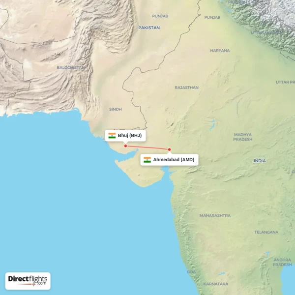 Bhuj - Ahmedabad direct flight map