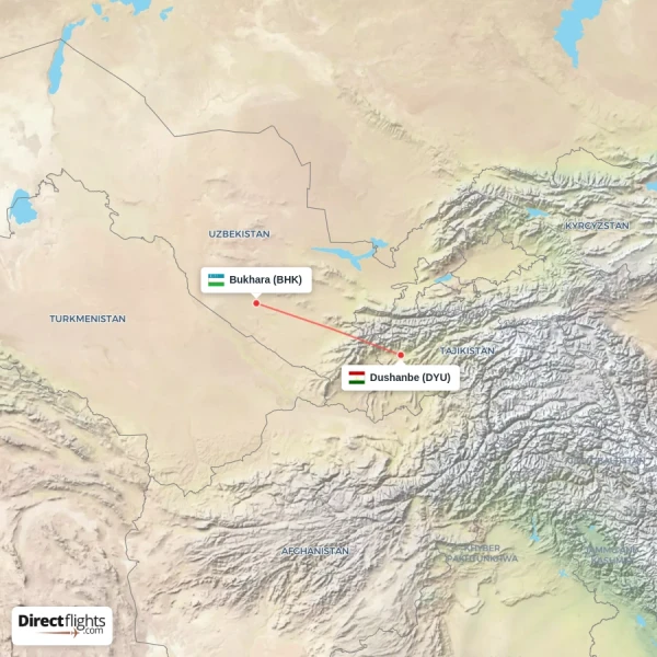Bukhara - Dushanbe direct flight map