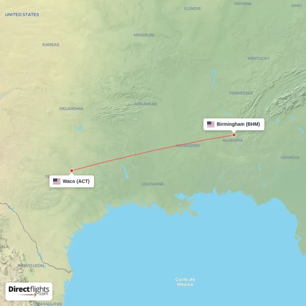 Birmingham - Waco direct flight map