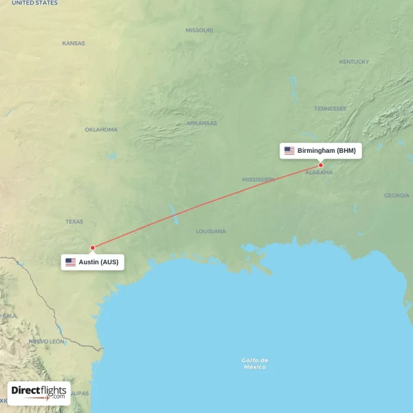 Birmingham - Austin direct flight map