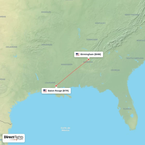 Birmingham - Baton Rouge direct flight map