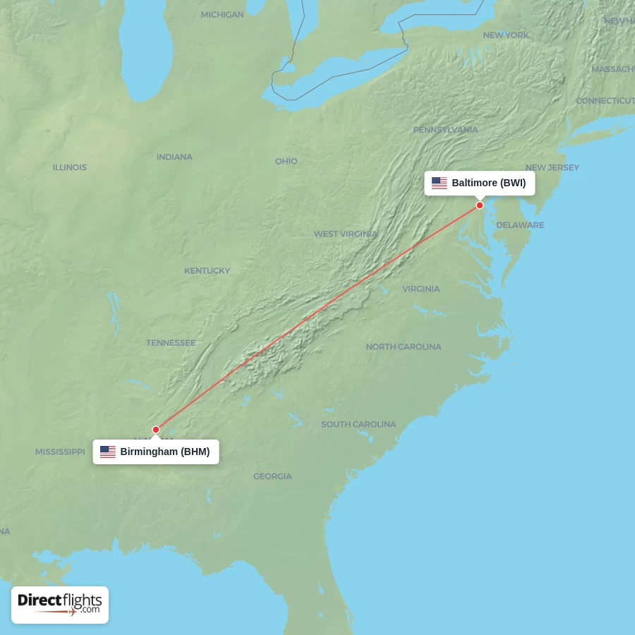 BHM - BWI route map