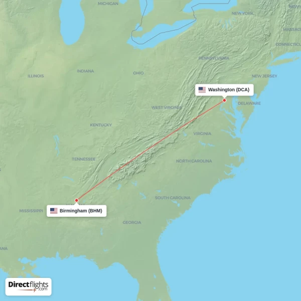 Birmingham - Washington direct flight map