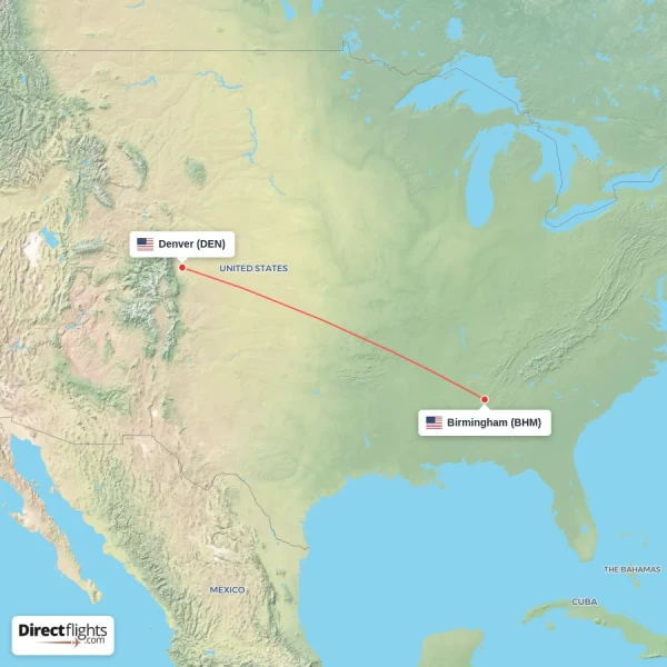 Birmingham - Denver direct flight map