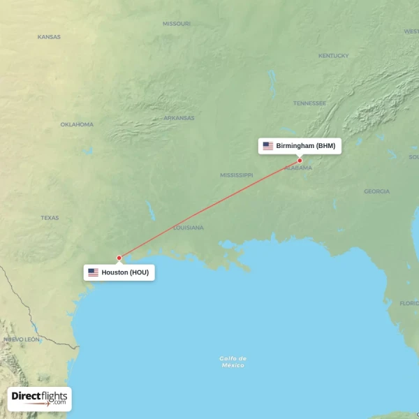 Birmingham - Houston direct flight map