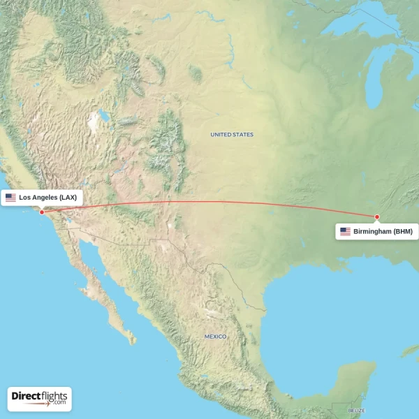Birmingham - Los Angeles direct flight map