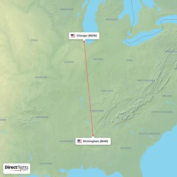 Birmingham - Chicago direct flight map