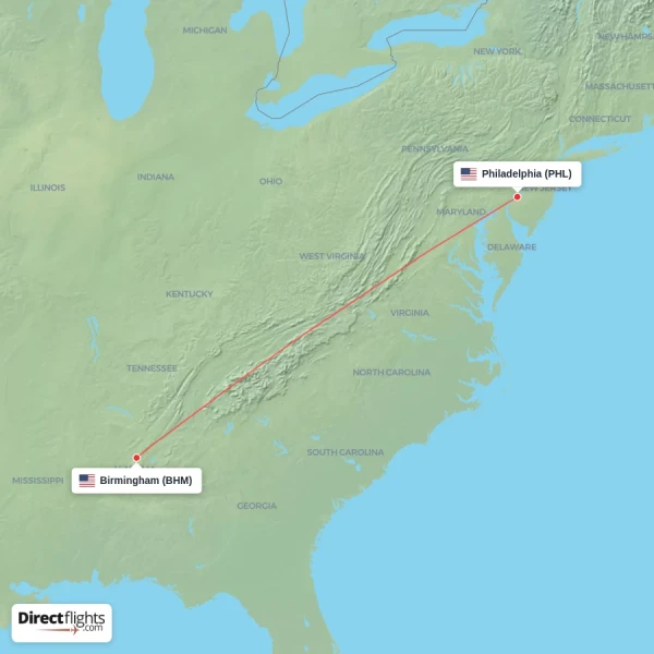Birmingham - Philadelphia direct flight map
