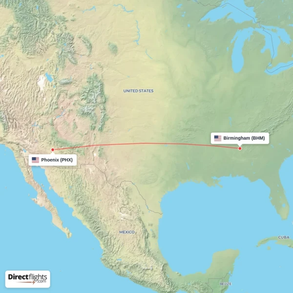 Birmingham - Phoenix direct flight map