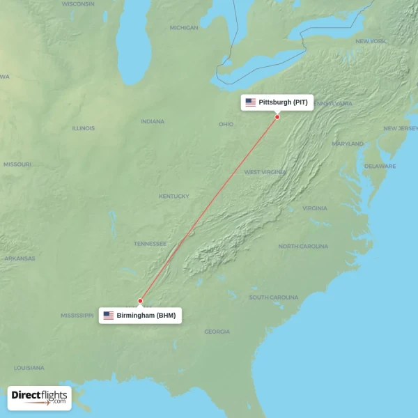 Birmingham - Pittsburgh direct flight map