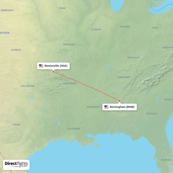 Birmingham - Bentonville direct flight map