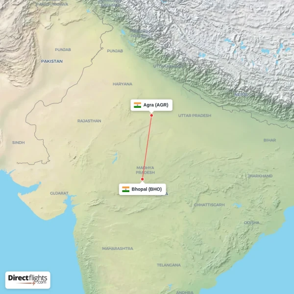 Bhopal - Agra direct flight map