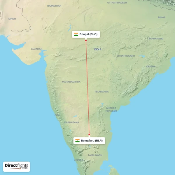 Bhopal - Bengaluru direct flight map