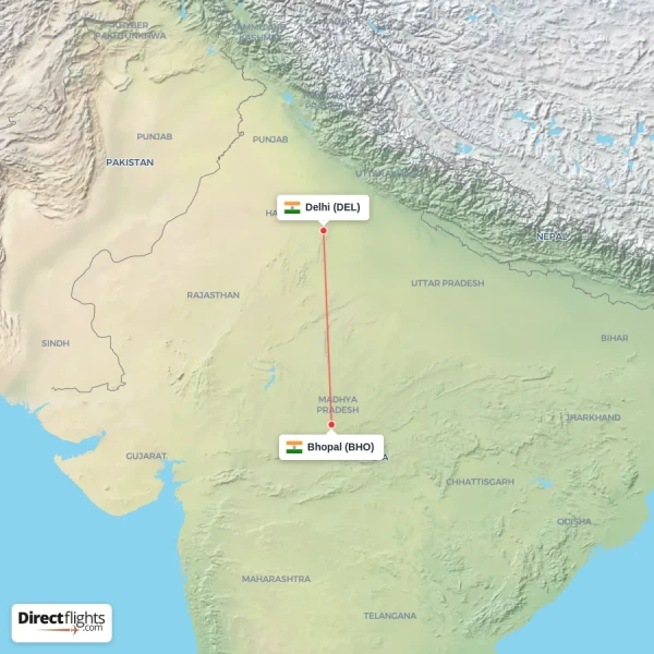 Bhopal - Delhi direct flight map