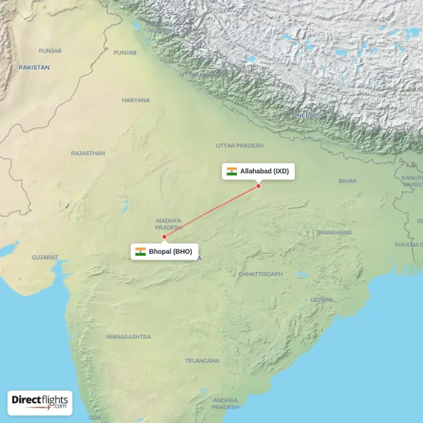 Bhopal - Allahabad direct flight map