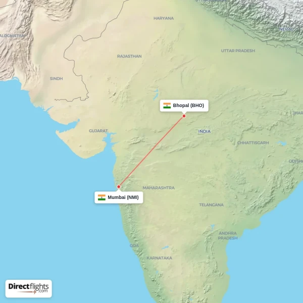Bhopal - Mumbai direct flight map
