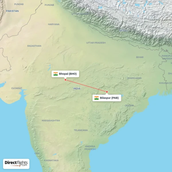 Bhopal - Bilaspur direct flight map