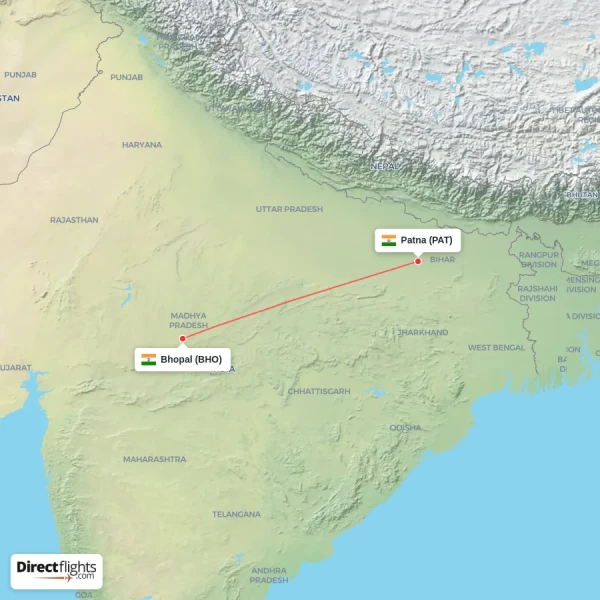 Bhopal - Patna direct flight map