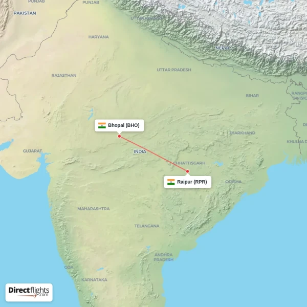 Bhopal - Raipur direct flight map