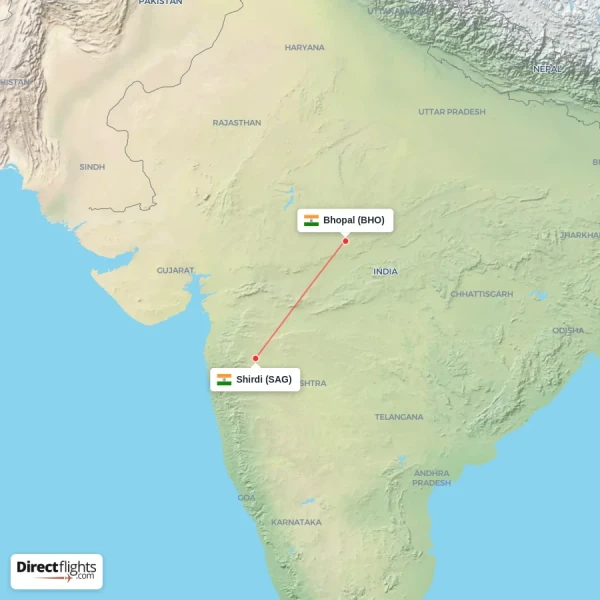 Bhopal - Shirdi direct flight map