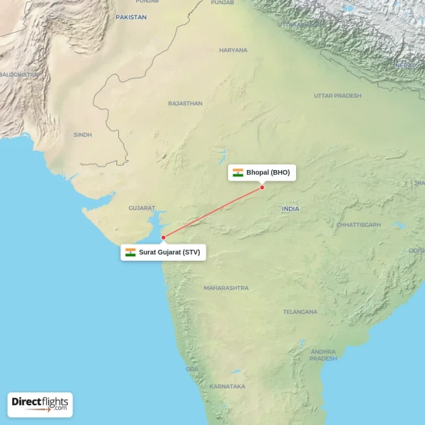 Bhopal - Surat Gujarat direct flight map