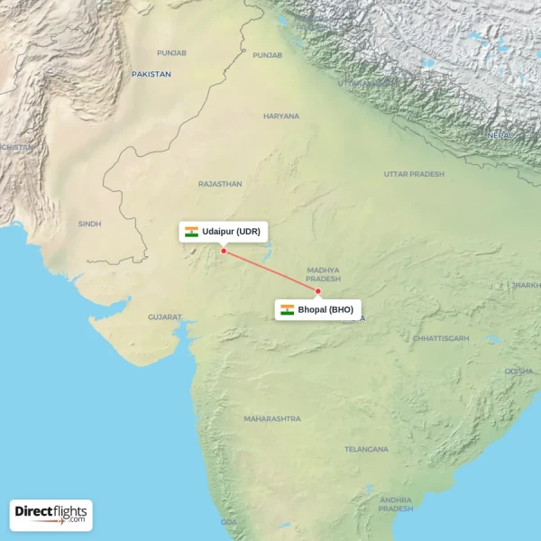 Bhopal - Udaipur direct flight map