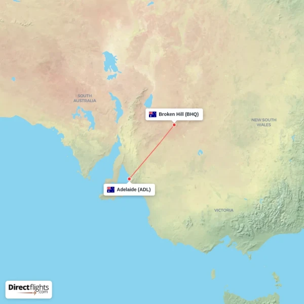 Broken Hill - Adelaide direct flight map