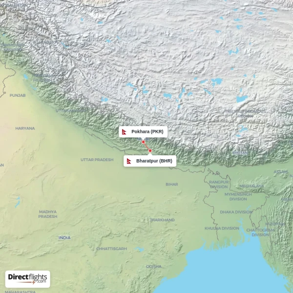 Bharatpur - Pokhara direct flight map