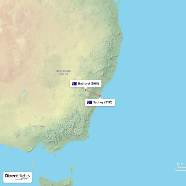 Bathurst - Sydney direct flight map
