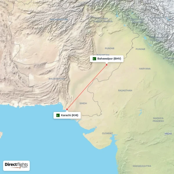 Bahawalpur - Karachi direct flight map
