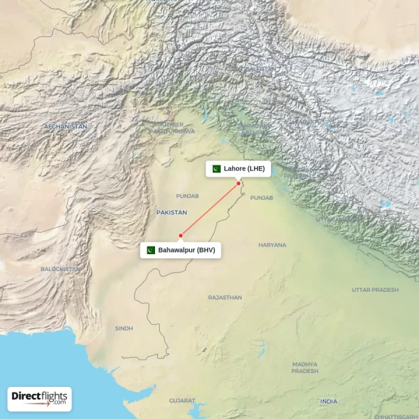 Bahawalpur - Lahore direct flight map