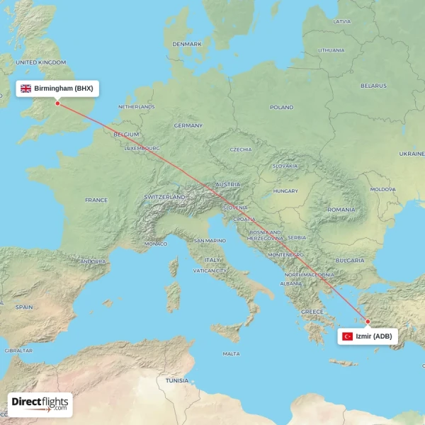 Birmingham - Izmir direct flight map