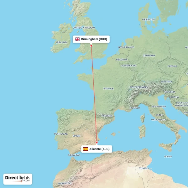 Birmingham - Alicante direct flight map