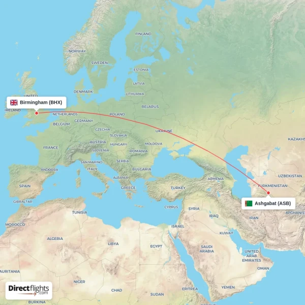Birmingham - Ashgabat direct flight map