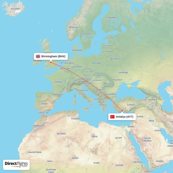 Birmingham - Antalya direct flight map