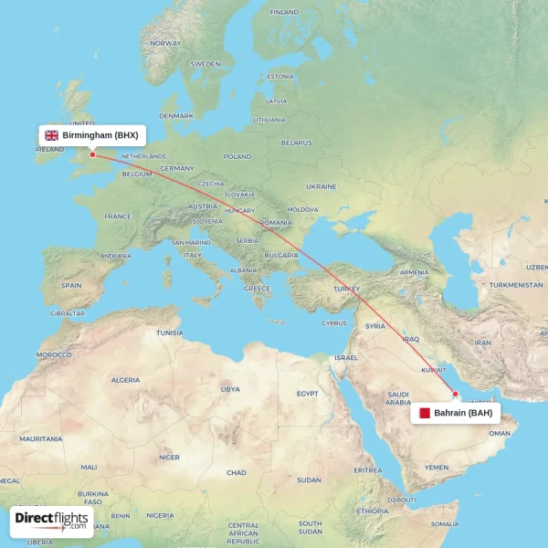 Birmingham - Bahrain direct flight map