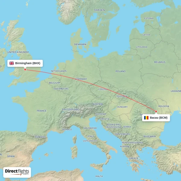 Birmingham - Bacau direct flight map