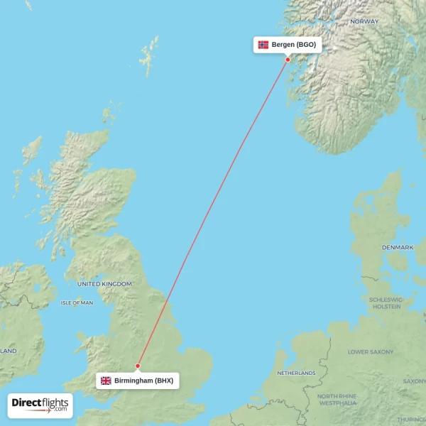 Birmingham - Bergen direct flight map