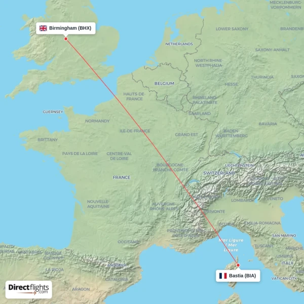 Birmingham - Bastia direct flight map