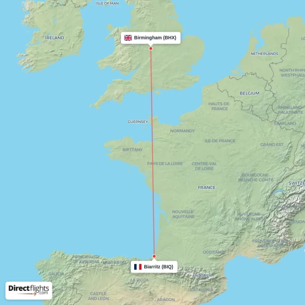 Birmingham - Biarritz direct flight map