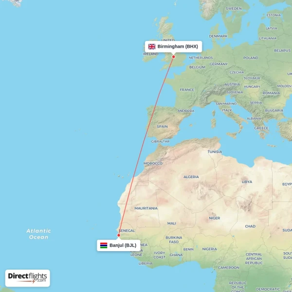Birmingham - Banjul direct flight map