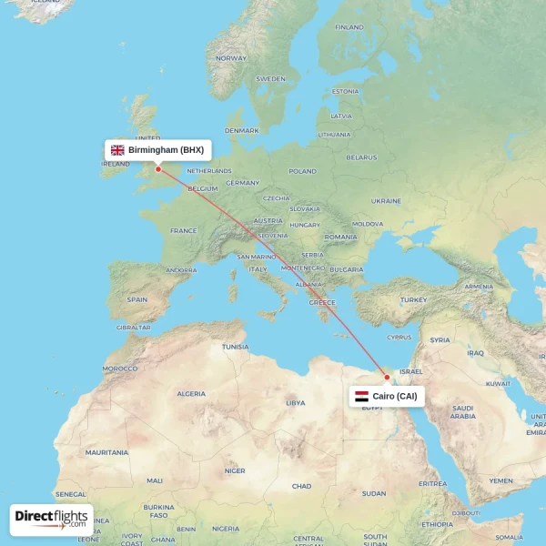 Birmingham - Cairo direct flight map
