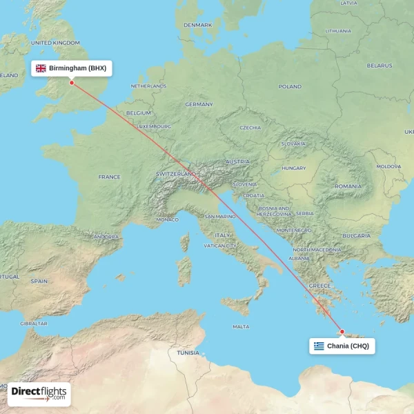 Birmingham - Chania direct flight map