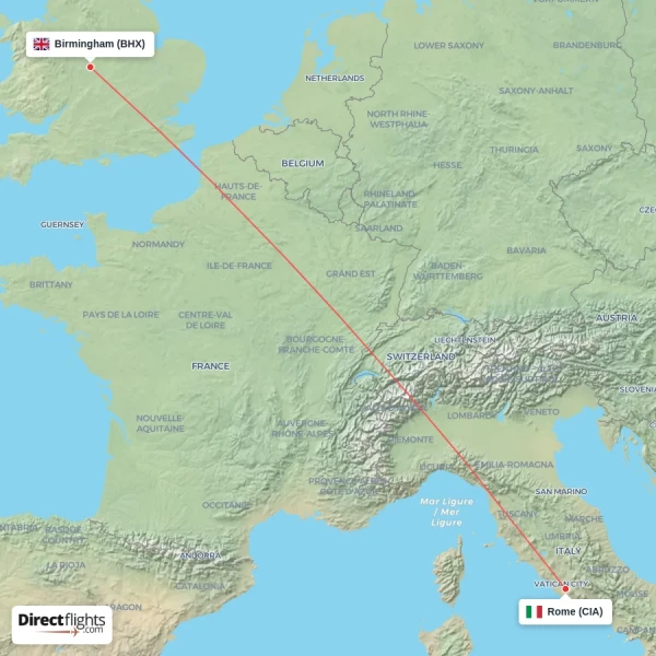 Birmingham - Rome direct flight map
