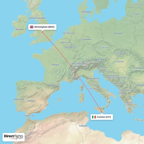 Birmingham - Comiso direct flight map