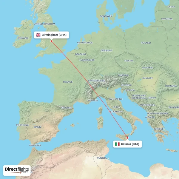 Birmingham - Catania direct flight map