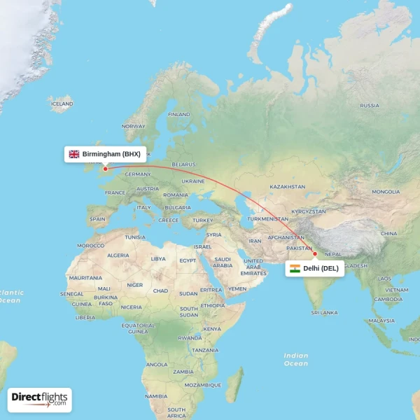 Birmingham - Delhi direct flight map